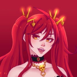 Drawing of a red-haired girl with gold accessories over a red background.